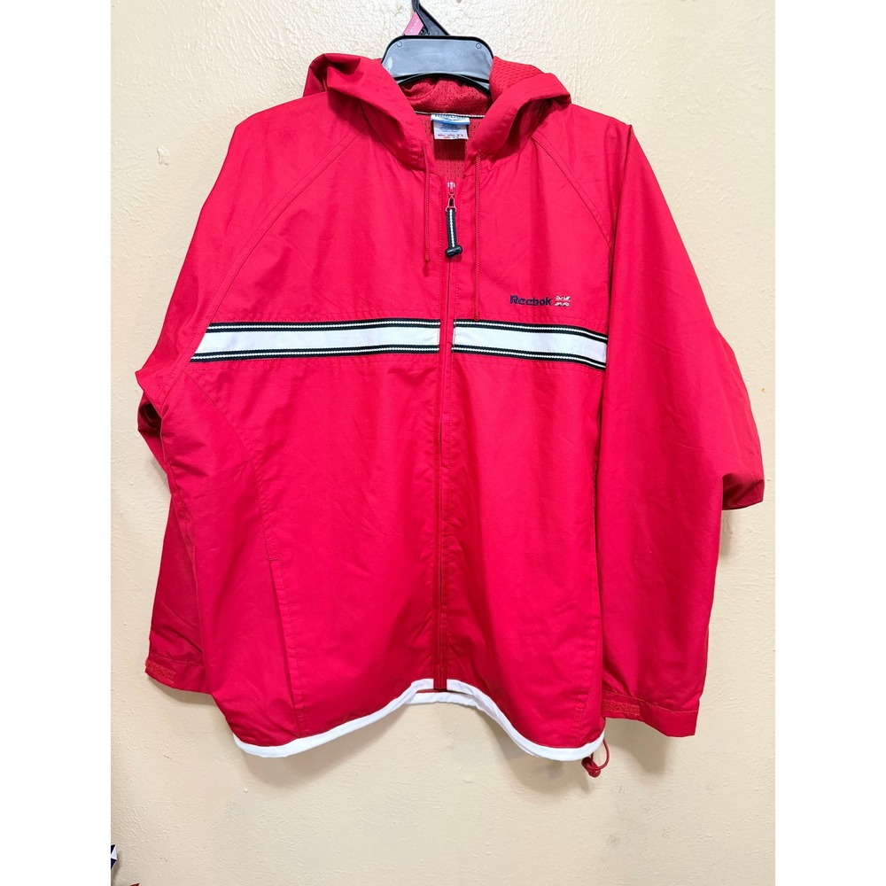 Vintage Reebok Mens XL Red Hooded Windbreaker Full Zip Mesh Lined Track Jacket